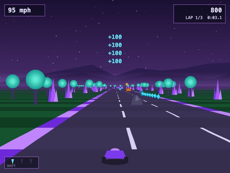 The first prototype: a flat pseudo-3D road with purple stripes, round teal trees and a simple purple kart.