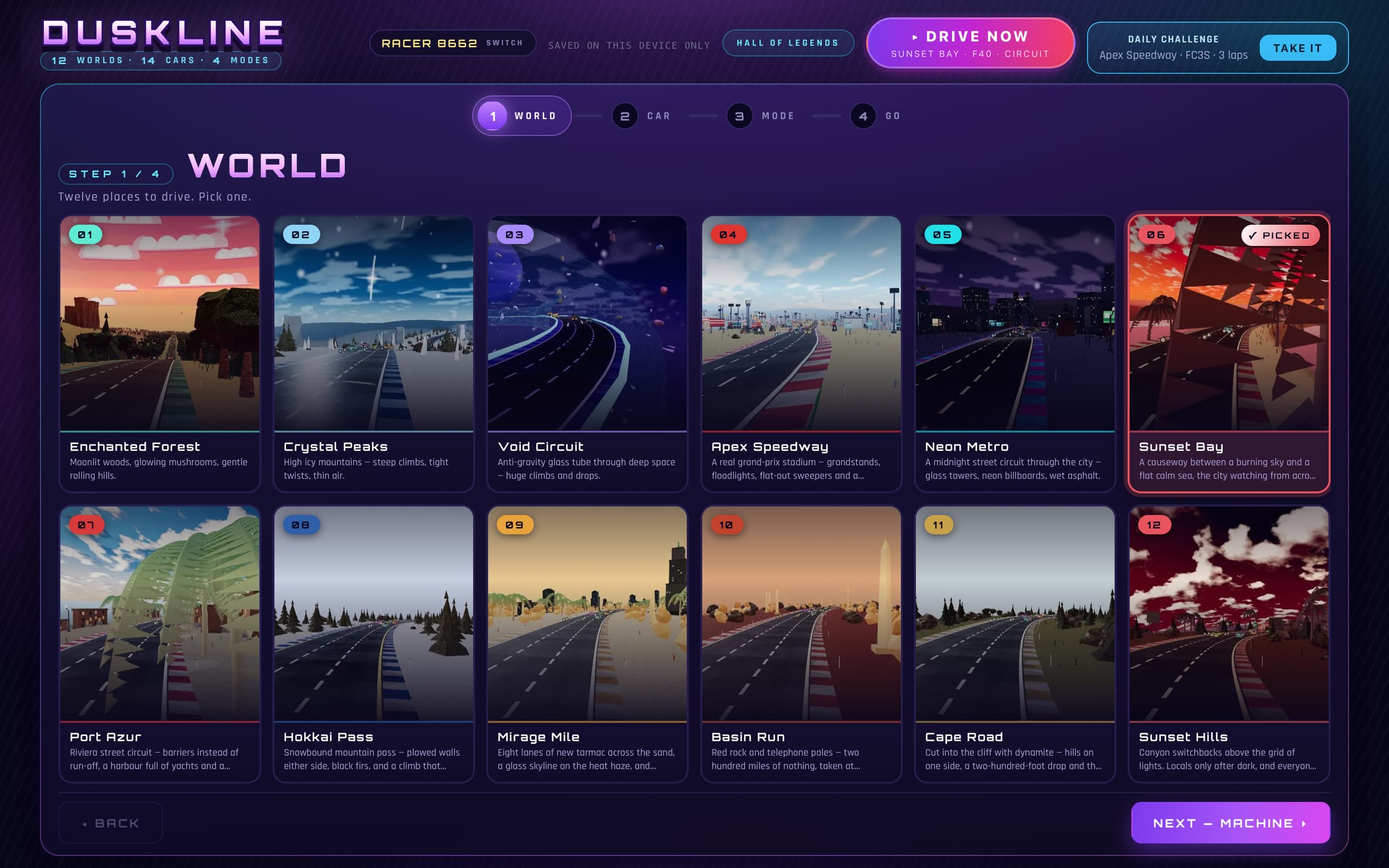 Duskline's world picker: twelve cards with previews, including Enchanted Forest, Crystal Peaks, Void Circuit, Apex Speedway, Neon Metro, Sunset Bay, Port Azur, Hokkai Pass, Mirage Mile, Basin Run, Cape Road and Sunset Hills.