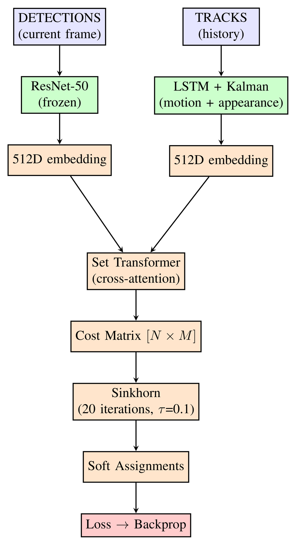Architecture diagram: detections go through a frozen ResNet-50 and tracks through an LSTM with a Kalman filter, both into 512-dimensional embeddings, then a Set Transformer with cross-attention, a cost matrix, Sinkhorn with 20 iterations, soft assignments, and the loss.